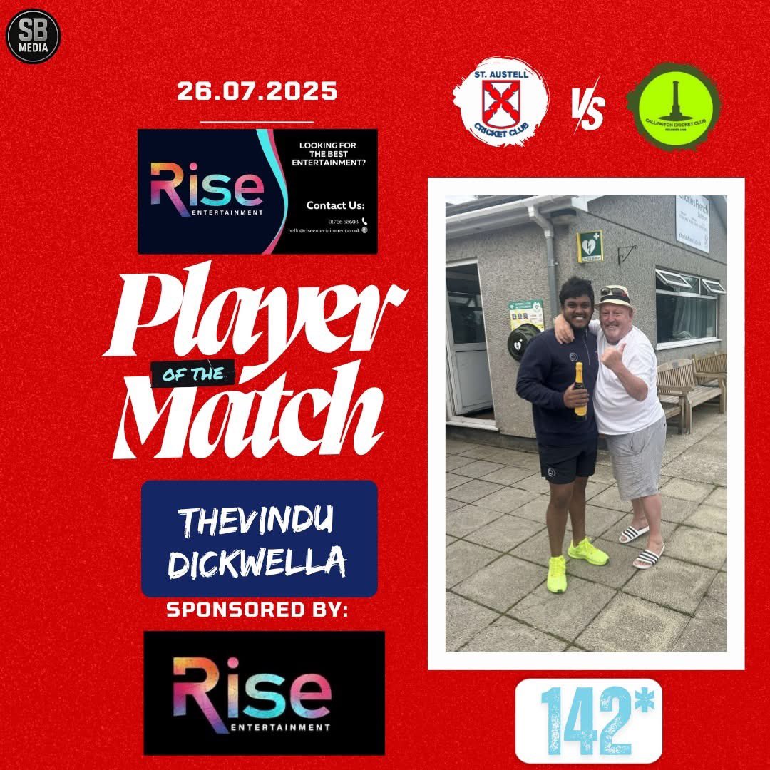 Verses Callington, Thevindu Dickwella delivered a breathtaking performance with the bat, finishing unbeaten on 142. His innings included 20 fours and 5 sixes, guiding us to an emphatic 8-wicket victory A huge thank you to Rise Entertainment, proud sponsors of Thevindu this season