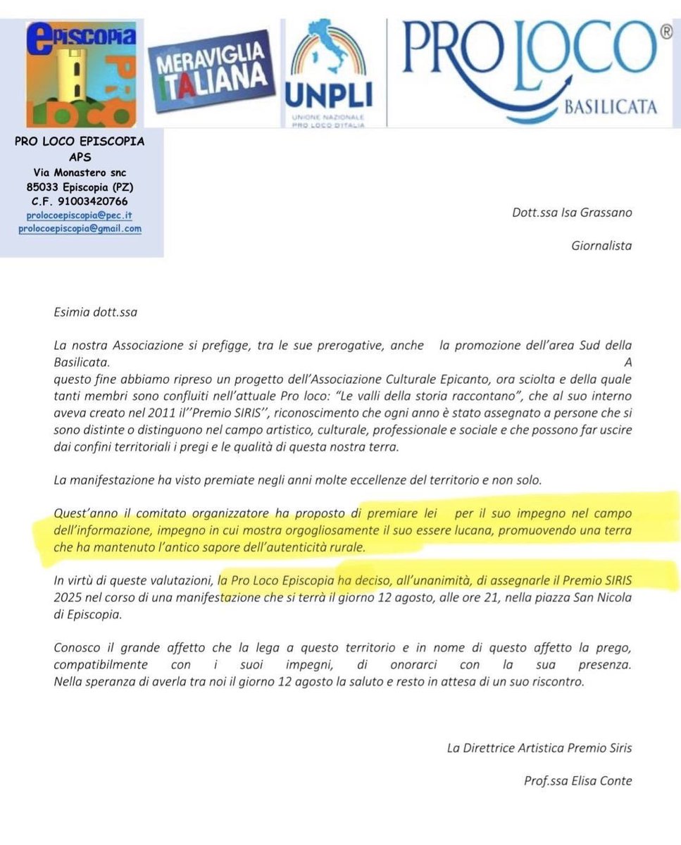 Il 12 agosto, ad Episcopia (Pz), mi verrà assegnato – e ne sono felice – il #Premio SIRIS 2025 🤩🎉

La motivazione?
«Per il mio impegno nel campo dell'informazione, impegno in cui mostro orgogliosamente il mio essere lucana, promuovendo l’antico sapore dell’autenticità rurale»