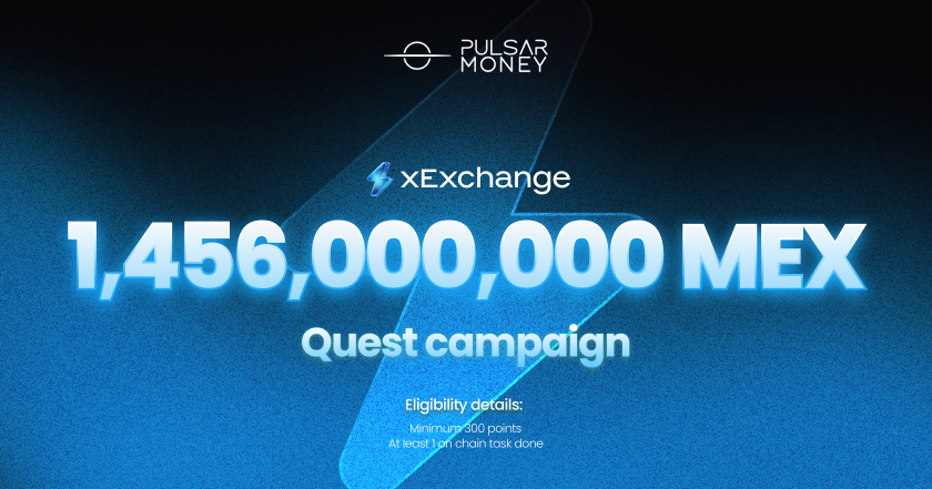 Pulsar.Money (@pulsarmoneyapp) on Twitter photo 🆕 New Quest: <a href="/xExchangeApp/">xExchange ⚡</a> Season 2
xExchange is rewarding the top 150 participants with 1.45B $MEX tokens (currently worth ±$2,000).
💰 Prize Pool: 1,456,000,000 $MEX
👉 Join: mvx.pulsar.money/quests/xexchan…
<a href="/PulsarMvX/">Pulsar MVX</a> send 5000000 MEX to 100 reactions 🆕 New Quest: <a href="/xExchangeApp/">xExchange ⚡</a> Season 2
xExchange is rewarding the top 150 participants with 1.45B $MEX tokens (currently worth ±$2,000).
💰 Prize Pool: 1,456,000,000 $MEX
👉 Join: mvx.pulsar.money/quests/xexchan…
<a href="/PulsarMvX/">Pulsar MVX</a> send 5000000 MEX to 100 reactions