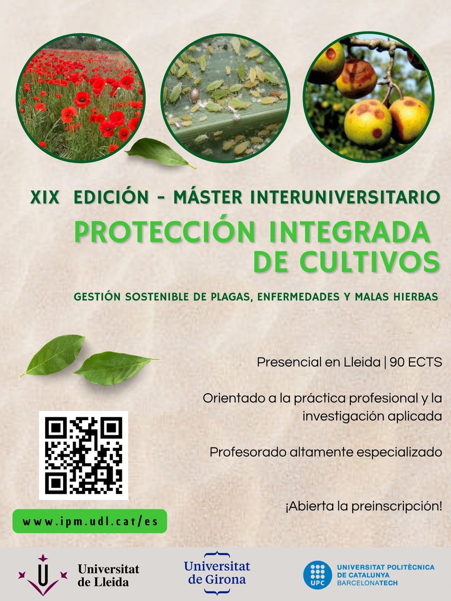 ⏱️Empieza la cuenta atras!! 

Pre-inscripción abierta en 2 dias!! 📢⚠️ 

Nueva edición del Máster Universitario en Protección Integrada de Cultivos phytoma.com/noticias/notic… via <a href="/phytoma/">Phytoma España</a> 

<a href="/GREM_UdL/">GREM</a>