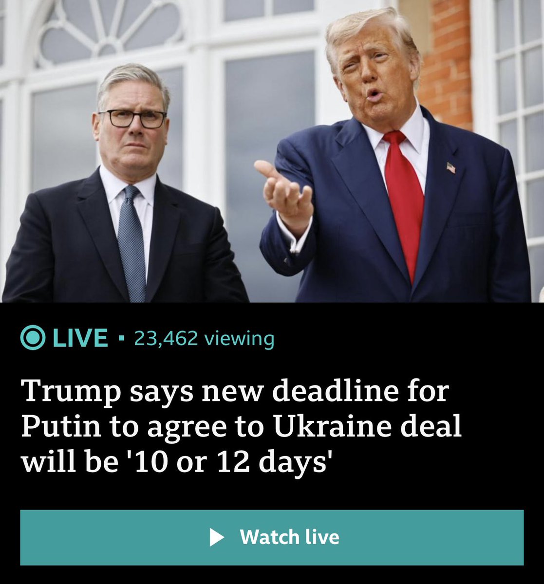 Donald Trump is meeting UK Prime Minister Keir Starmer at his Turnberry golf course in Ayrshire, Scotland – watch it live above
Trump says a new deadline will be "10 or 12 days" for Vladimir Putin to agree to a deal with Ukraine 
Two weeks ago, Trump threatened "very severe