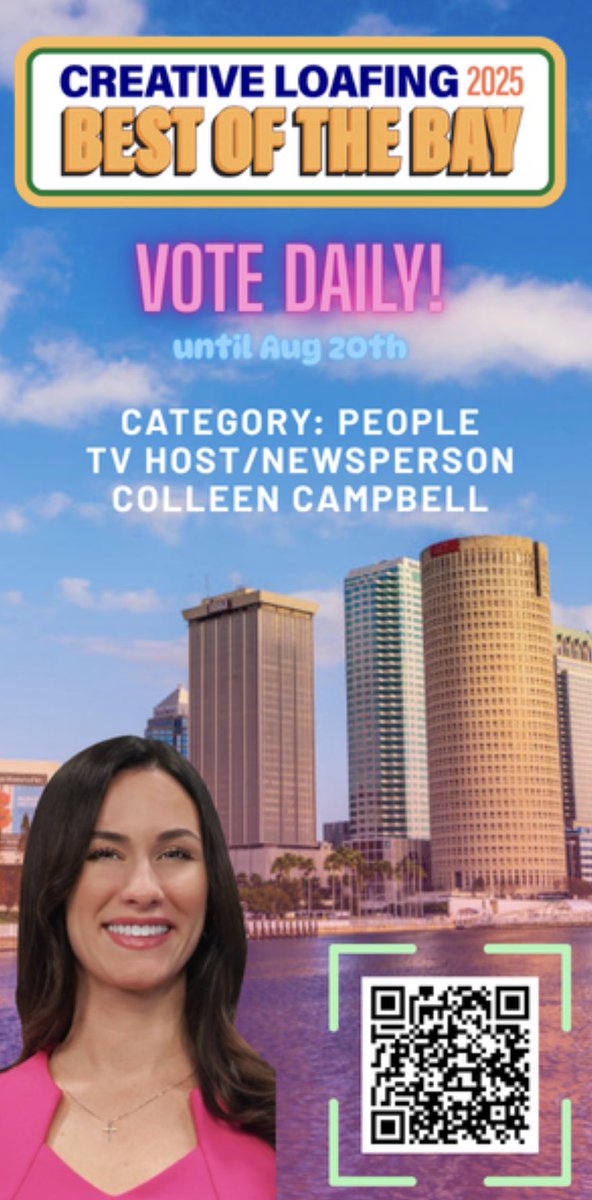 cbkmediamgt's tweet photo. Congrats to client @ccampbellwx of @10TampaBay on being named a finalist for best TV Host/Newsperson by the readers of https://t.co/FhJbuvFtBm!
Vote for Colleen> https://t.co/n3cWgl35Um
#TampaTVNews
#WTSP
#Meteorologist
#BestTVHost/Newsperson
#VoteForColleen
#TeamCBK https://t.co/tm7QAlPWpn