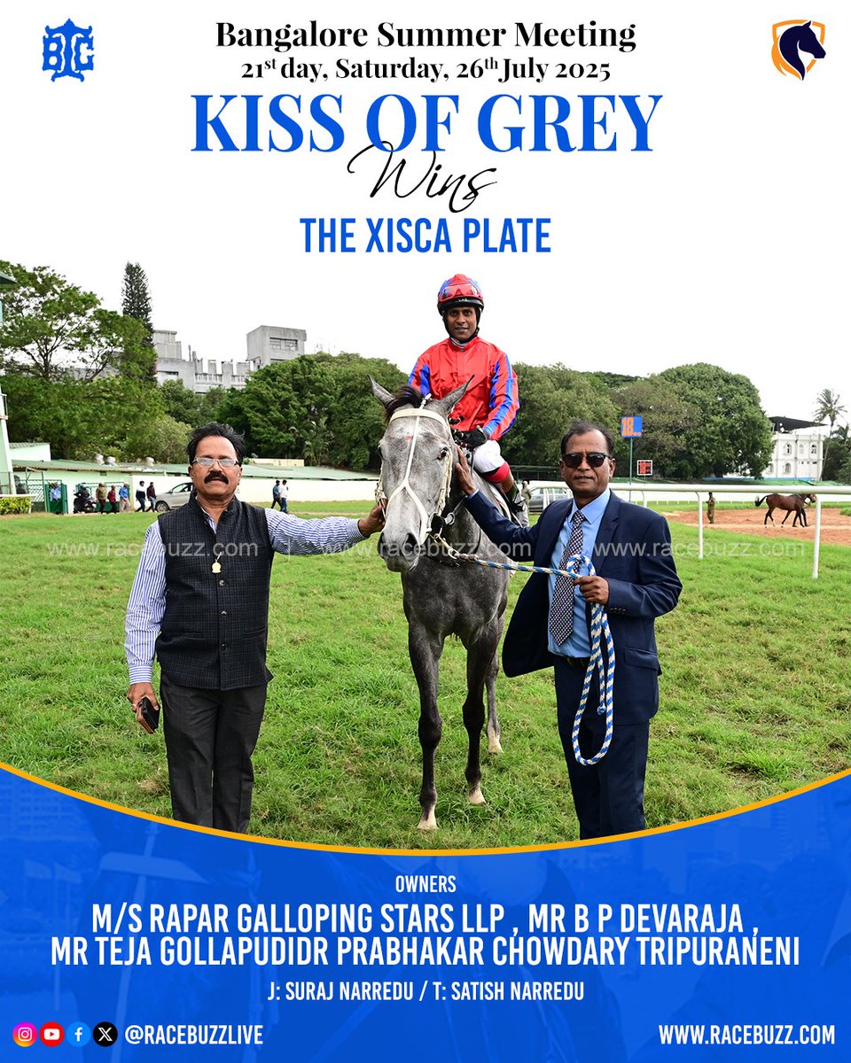 🏇 BTC Race 7 – The Xisca Plate
📏 Distance: 1500 M
🕔 Time: 05:00 PM

🌟 KISS OF GREY stole the spotlight with a smooth and classy finish!
Guided brilliantly by Suraj Narredu and trained under the expert eye of Satish Narredu, this run was pure finesse! ✨

👤 Jockey: Suraj