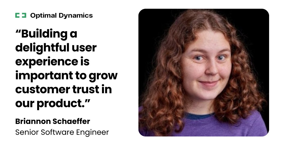 Meet Briannon Schaeffer, our Senior Software Engineer behind the user-friendly UI at Optimal Dynamics. Check out the full Employee Spotlight to hear her advice to new teammates — and to learn about her unique hidden talent.

hubs.la/Q03z36f90

#ai #trucking #supplychain