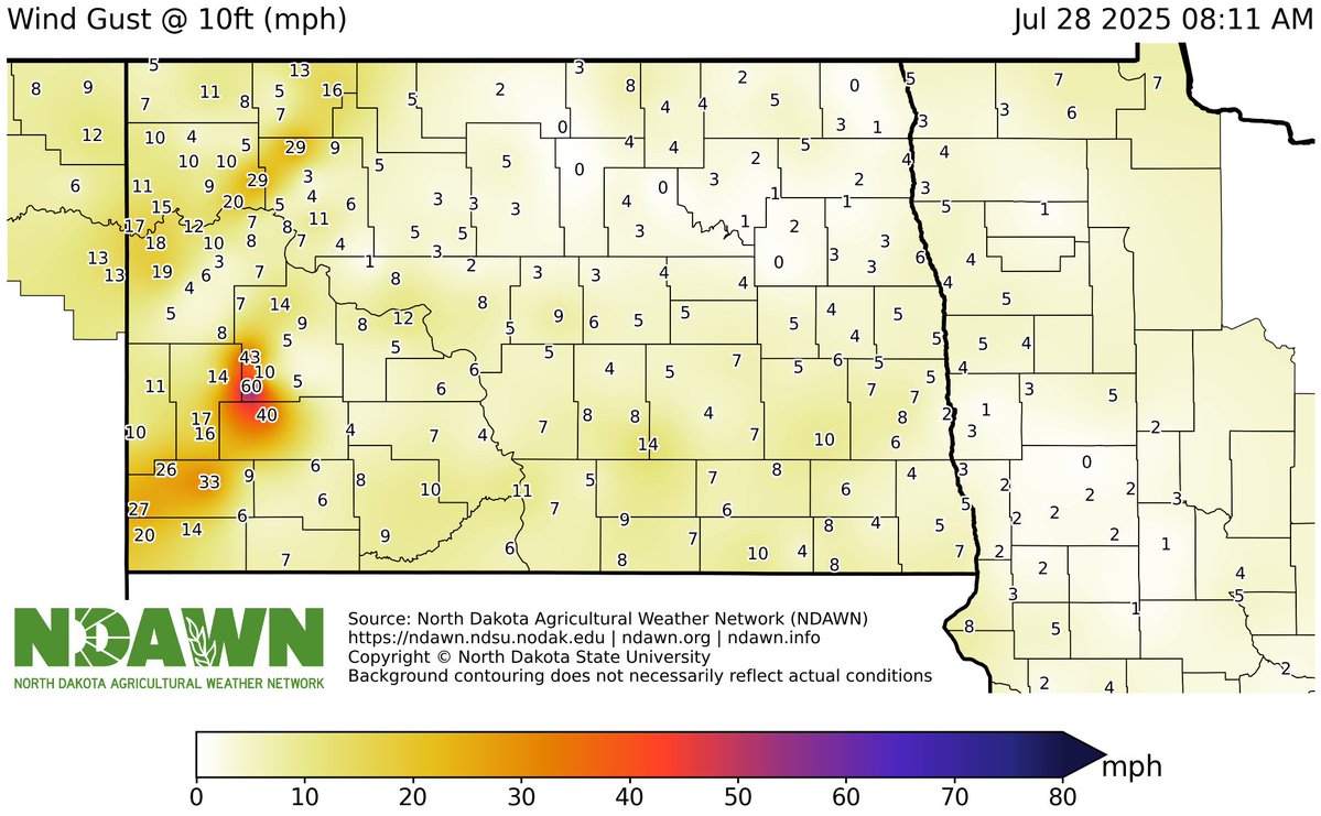 DarylRitchison's tweet image. The @NDAWNmesonet New Hradec station just gusted to 60 mph at 10 feet (no tower there). Severe weather continues to push east. #ndwx