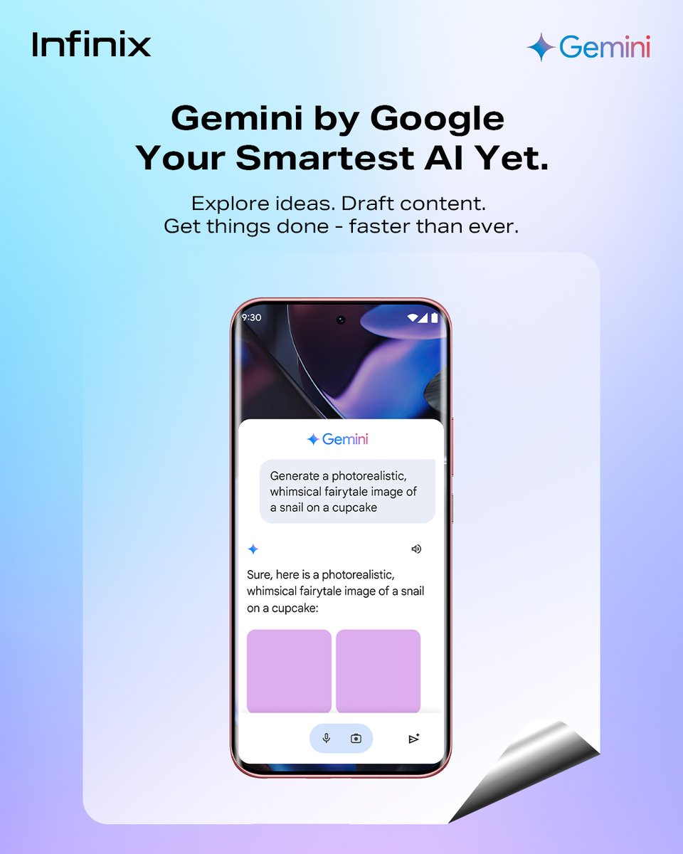 Get responses that feels like it was picked straight from your thoughts 💭

The InfinixHot60Pro+ Gemini AI feature makes your device feel smarter with every tap 

Enjoy more results with less efforts!

 InfinixHot60Series UltraSlimUltraPowerful InfinixHot60Series9ja