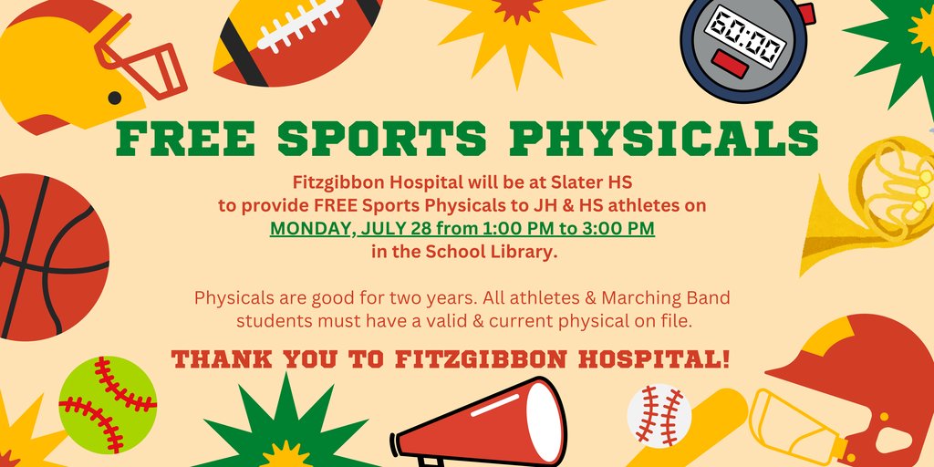 REMINDER: Fitzgibbon Hospital will be in the Library TODAY from 1-3 to provide FREE sports physicals for JH/HS athletes.