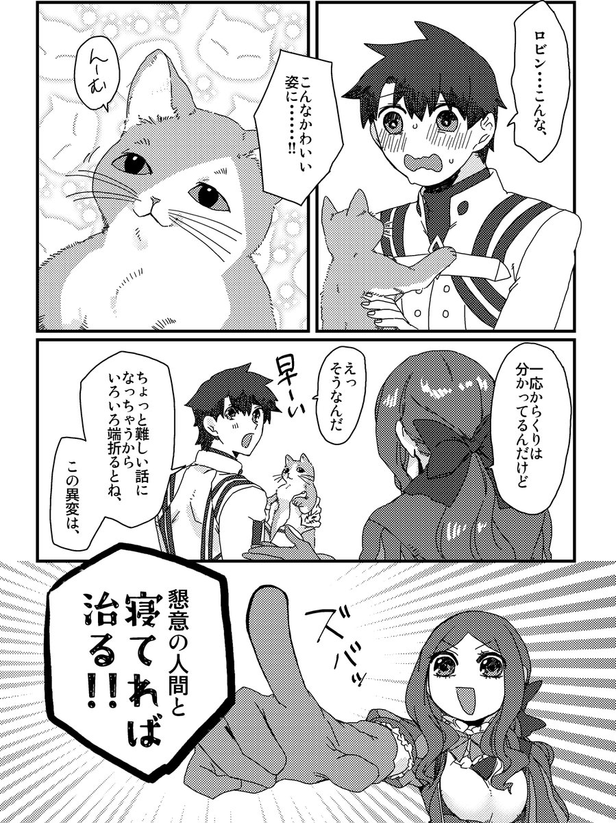 【C106新刊①】ぐだロビ(成人向け)
「君を抱き、君を待つ」A5/28頁/多分300～400円
ネコチャンデバフを受けたロビンさんがじわじわ戻っていく話。私が描きたくて成人向け描写が終盤少し入ります。
下に部数アンケートをつけてますのでもしご購入希望の方いらっしゃいましたらご協力くださいませ。 