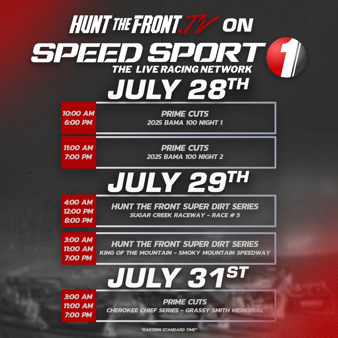 Hunt the Front TV (@huntthefronttv) on Twitter photo Get your fix before this weekends packed lineup of Super Late Model action! Watch free replays all week long on <a href="/SPEEDSPORT1/">SPEED SPORT 1</a> , then tune in to HuntTheFront.tv for Thursday Thunder at <a href="/clarksvillespd/">Clarksville Speedway</a> with the <a href="/SoThunderSDS/">Southern Thunder Super Dirt Series</a> . Get your fix before this weekends packed lineup of Super Late Model action! Watch free replays all week long on <a href="/SPEEDSPORT1/">SPEED SPORT 1</a> , then tune in to HuntTheFront.tv for Thursday Thunder at <a href="/clarksvillespd/">Clarksville Speedway</a> with the <a href="/SoThunderSDS/">Southern Thunder Super Dirt Series</a> .