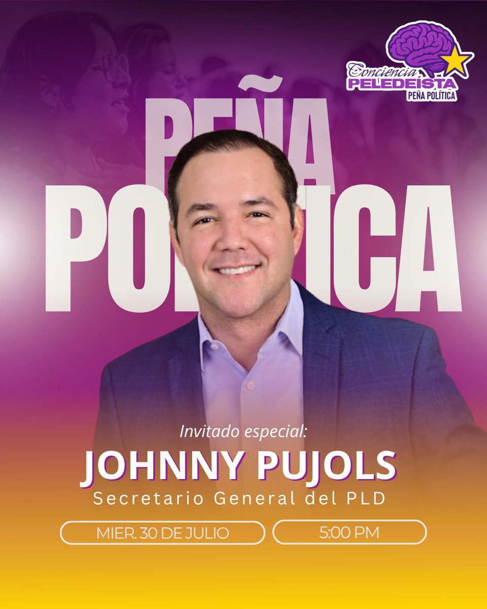 J O H N N Y   P U J O L S ✨

Debajo de la Mata de Limoncillos🌳 Patio - Casa Nacional PLD

🎙️Peña Política 🧠 #ConcienciaPeledeísta ✨
tiene el honor de recibir como invitado especial a nuestro Secretario General, <a href="/JohnnyPujols/">Johnny Pujols</a>, un dirigente firme, coherente y comprometido...
🧵