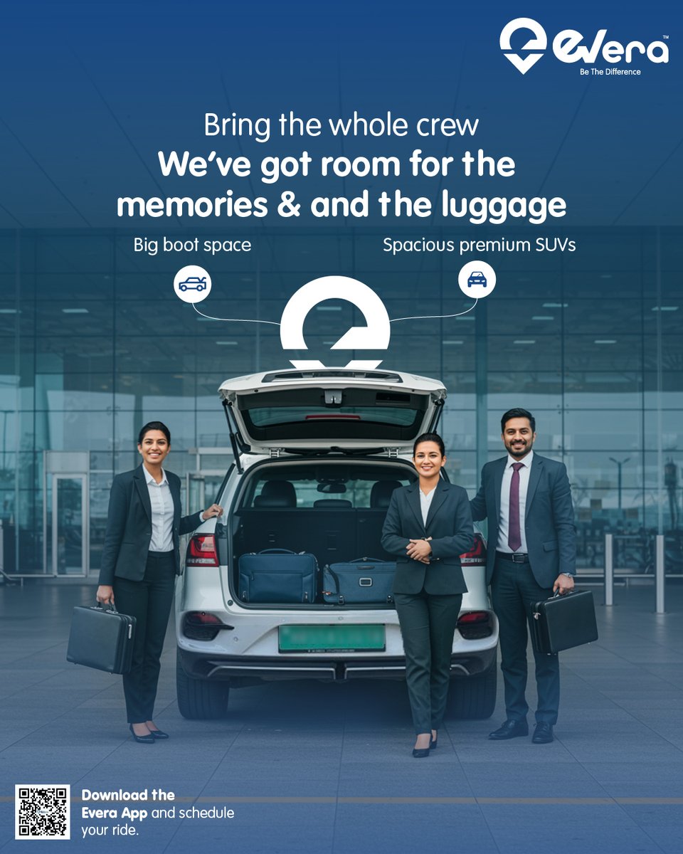 Everacabs (@everacabs) on Twitter photo Big crew? Big plans? We’ve got big space.
With premium SUVs and boot space to match, Evera makes your airport rides smooth, spacious and stylish.
📲 Click the link qrcodes.pro/2g0L5e to download the app and schedule your ride today!
<a href="/e_prakriti/">Prakriti E-Mobility</a>
#EVride #SustainableTravel Big crew? Big plans? We’ve got big space.
With premium SUVs and boot space to match, Evera makes your airport rides smooth, spacious and stylish.
📲 Click the link qrcodes.pro/2g0L5e to download the app and schedule your ride today!
<a href="/e_prakriti/">Prakriti E-Mobility</a>
#EVride #SustainableTravel