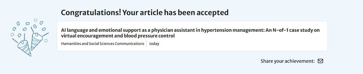 بكل فخر وامتنان، وبقلب ممتلئ بالمشاعر، يسعدني قبول بحثي المعنون:

“الذكاء الاصطناعي والدعم العاطفي كمساعد طبي في إدارة ارتفاع ضغط الدم: دراسة حالة N-of-1 حول التشجيع الافتراضي والتحكم في ضغط الدم”

في المجلة الدولية العريقة
Humanities and Social Sciences Communications
التابعة لـ