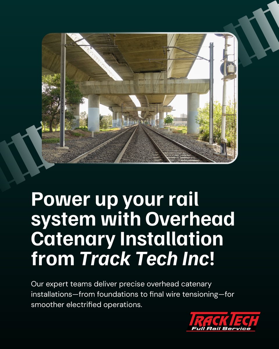 TrackTech_Inc's tweet image. Track Tech Inc. specializes in Overhead Catenary Installation, from sturdy foundations to fine-tuned wire tensioning, for smoother, electrified rail operations.

Ready to elevate your infrastructure? Contact us today! 

#RailInfrastructure #OverheadCatenary #TrackTechInc