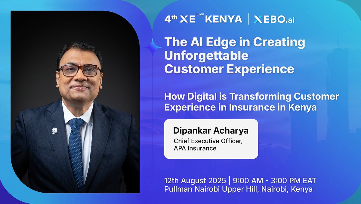 Survey2C's tweet photo. KEYNOTE: Dipankar Acharya, CEO of APA Insurance, joins #XELiveKenya! 🇰🇪

Topic: How Digital is Transforming CX in Insurance in Kenya
🗓️ Aug 12 | 📍 Pullman Nairobi

🔗 Register: https://t.co/OCDUmcD2hK

#CX #InsuranceCX #DigitalTransformation #XELive #XEBOai https://t.co/JCJUZLYm9d