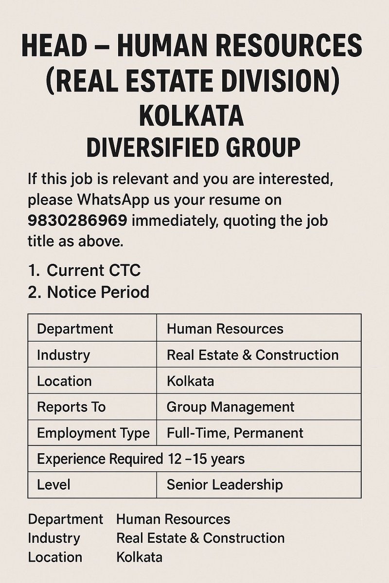 RajivCore's tweet image. 🔹 We're Hiring – Head of HR (Real Estate Only)
📍 Location: Kolkata
💼 5+ yrs of HR leadership experience
🏢 Must be from Real Estate Industry
📵 Others need not apply
📱 WhatsApp CV: 9830286969
#HRJobs #RealEstateJobs #KolkataJobs #HiringNow #HRHead #LeadershipHiring