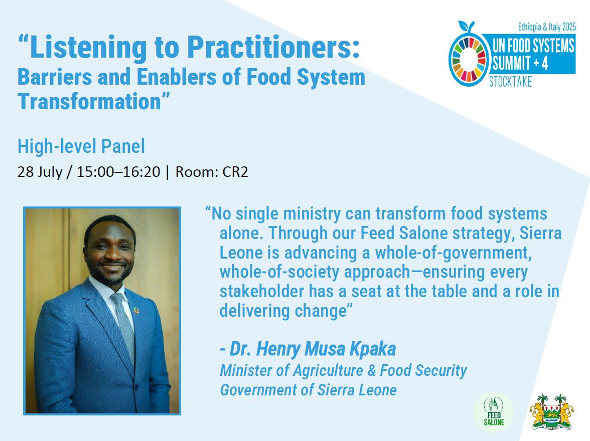 Henry Musa Kpaka (@hmkpaka) on Twitter photo Today at #UNFSS+4 in Addis Ababa, I will share how #SierraLeone—under the leadership of H.E President <a href="/julius_maadabio/">Julius Maada Bio</a>—has succeeded in making #FeedSalone a national food systems transformation agenda. Honoured to open the session with my counterpart from the Solomon Islands. Today at #UNFSS+4 in Addis Ababa, I will share how #SierraLeone—under the leadership of H.E President <a href="/julius_maadabio/">Julius Maada Bio</a>—has succeeded in making #FeedSalone a national food systems transformation agenda. Honoured to open the session with my counterpart from the Solomon Islands.