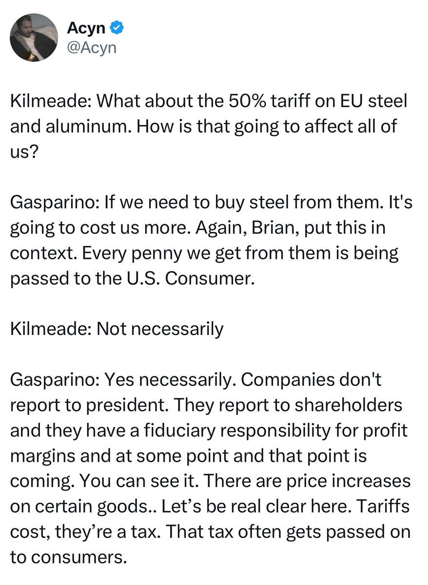 Charlie Gasparino gets it right. 

What's especially weird about the situation these trade deals have created is that if, say, BMW makes cars in Germany and sells them in the U.S., those cars face a 15% tariff. But if they make cars in the U.S., they have to pay 50% on any