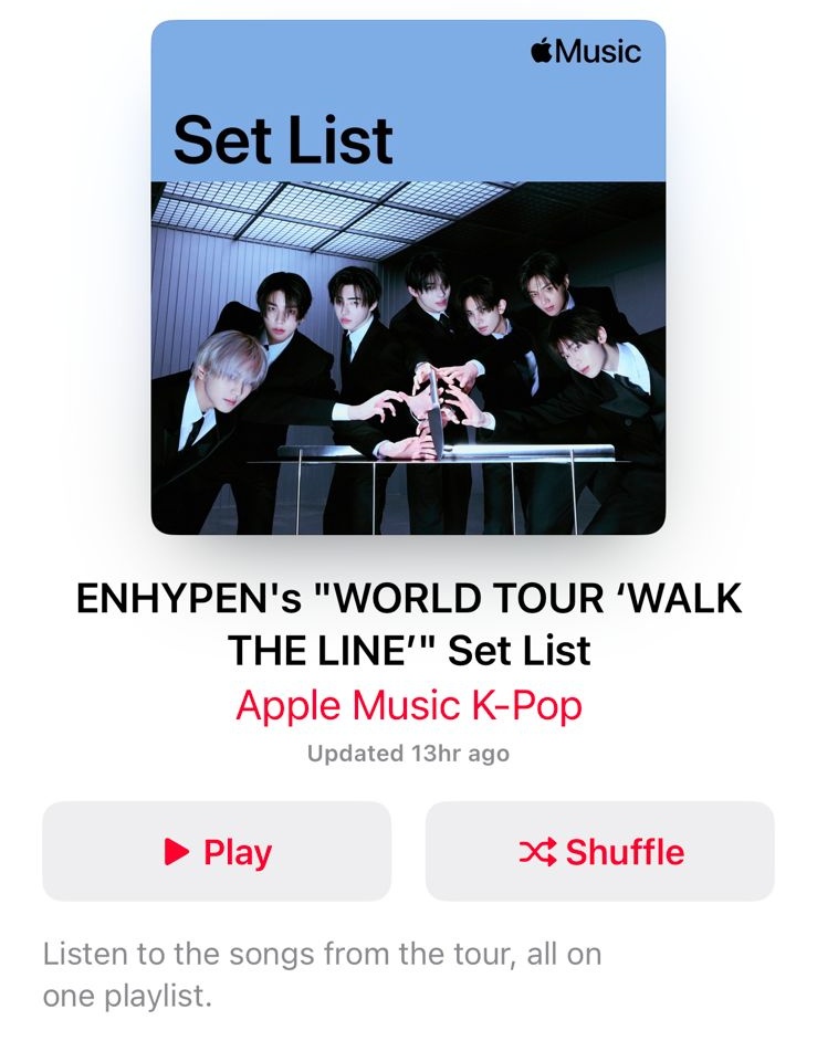ENSTATIONID's tweet photo. [INFO]

Engenes!

Dengarkan Playlist terbaru WALK THE LINE World Tour Set List di Apple Music sekarang juga 🙌🏻

🔗 https://t.co/jqU2yYOLoq

#StreamWithEngina #ENHYPEN @ENHYPEN @ENHYPEN_members