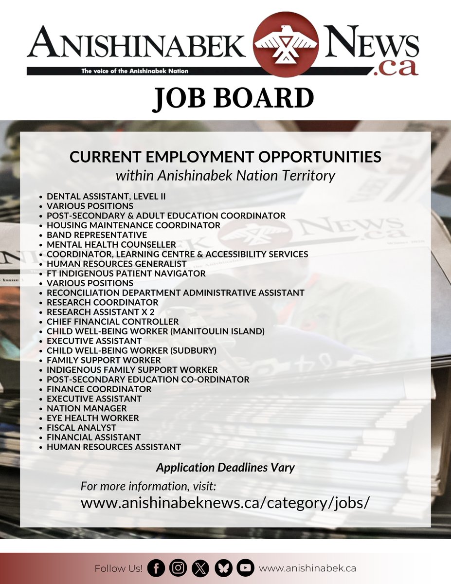 AnishNation's tweet image. Visit the Anishinabek News Job Board for a list of current employment opportunities available within Anishinabek Nation Territory!
Application deadlines vary.
Visit: anishinabeknews.ca/category/jobs/