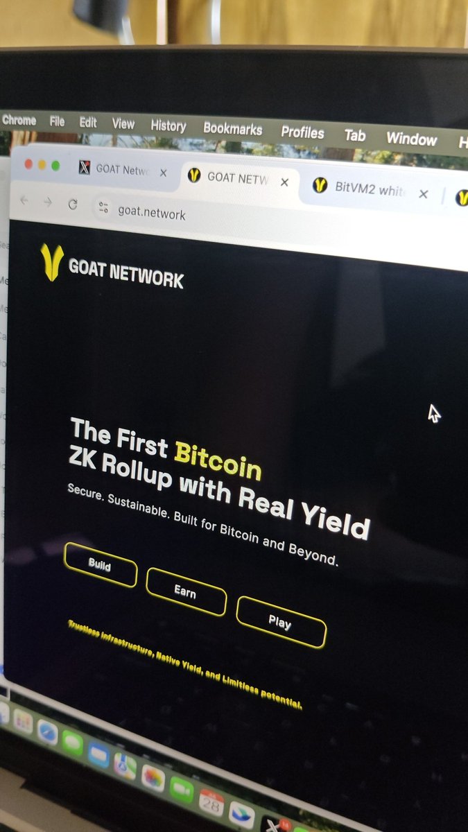 AbjaFCB's tweet image. Everyone on the TL is yapping about @cysic_xyz buy I&apos;m thinking of @GOATRollup.

Goat network is a Bitcoin-native zkRollup that lets you do off-chain computations (like smart contracts), verify them with zkMIPS, and protect it all with a fast, economic fraud-proof system, so you…