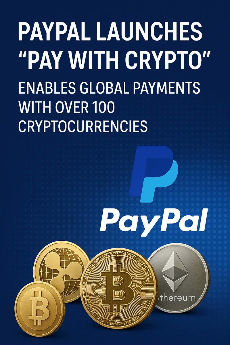 🚨 JUST IN: #PayPal now supports Pay with Crypto! U.S. merchants can now  accept 100+ cryptocurrencies 🌍 ✨ Key features: • Up to 90% lower fees •  Near-instant settlements • Seamless wallet support: MetaMask, Coinbase,  Phantom & more