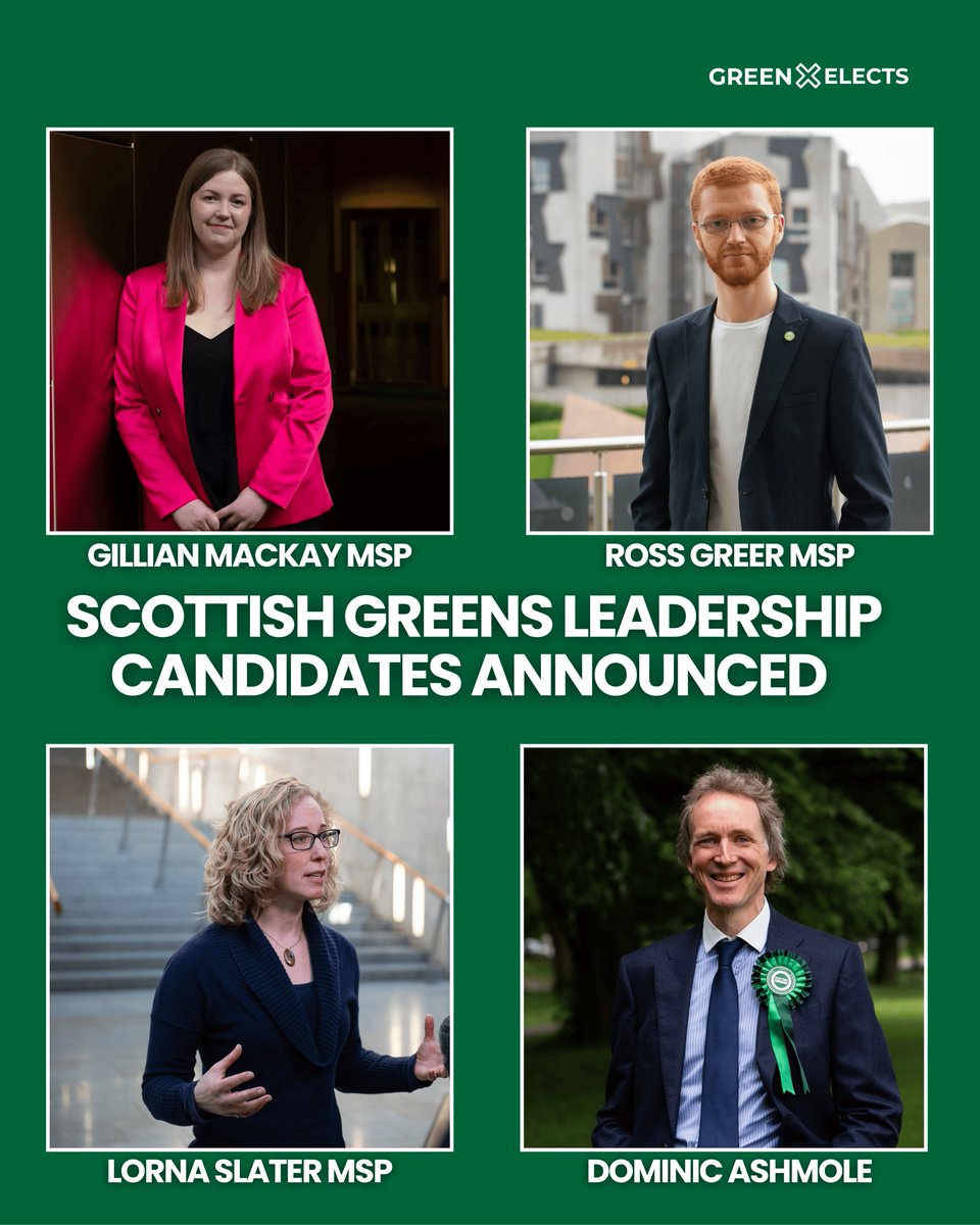 Green Elects (@grnelects) on Twitter photo NEW ‼️Four candidates are vying for the leadership of the <a href="/scottishgreens/">Scottish Greens</a>, they are:
<a href="/GillianMacMSP/">Gillian Mackay MSP</a>
<a href="/Ross_Greer/">Ross Greer</a>
<a href="/lornaslater/">Lorna Slater</a>
<a href="/dashmolean/">Dominic Ashmole</a>
With four candidates stepping forward to contest the two co-leader positions, with no formal slates declared— that means any two could NEW ‼️Four candidates are vying for the leadership of the <a href="/scottishgreens/">Scottish Greens</a>, they are:
<a href="/GillianMacMSP/">Gillian Mackay MSP</a>
<a href="/Ross_Greer/">Ross Greer</a>
<a href="/lornaslater/">Lorna Slater</a>
<a href="/dashmolean/">Dominic Ashmole</a>
With four candidates stepping forward to contest the two co-leader positions, with no formal slates declared— that means any two could