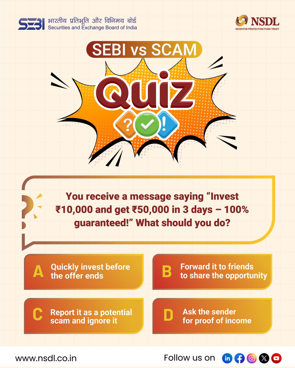 Join #SEBIvsSCAM Quiz Contest!

Win ₹10,000 Amazon Vouchers if you answer all the Five quizzes posted during 25th July – 31st July!!

Contest Dates: 25th July – 31st July 2025

Quiz Rules:

1.Mention the correct answers in the comment section along with #SEBIvsSCAM

2.Follow
