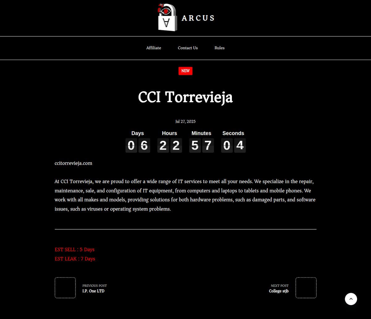 El grupo de cibercriminales Arcus Media se atribuye como próxima víctima un ataque de Ransomware contra la empresa española de informática CCI Torrevieja.

En la parte superior pueden verse sus 3 próximas víctimas con una cuenta regresiva y abajo víctimas anteriores.