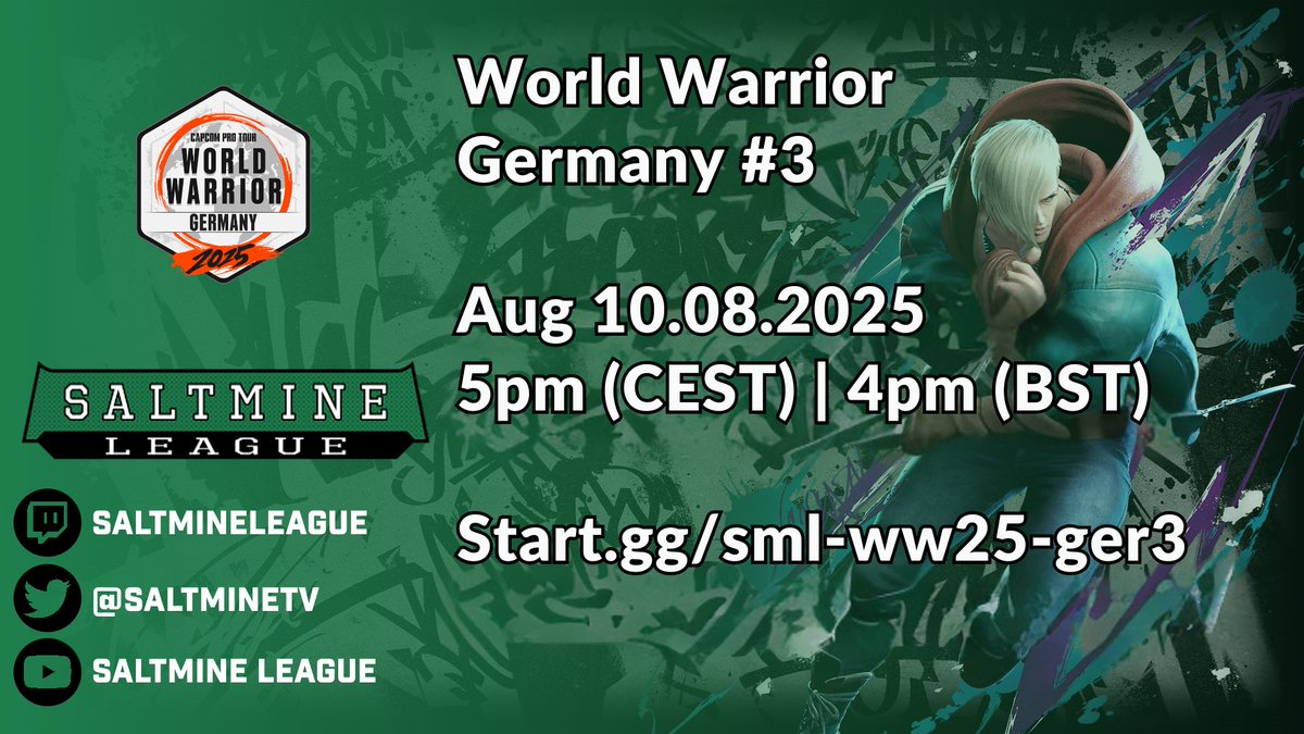 2 weeks left to sign-up for the third #StreetFighter6 #CPTWW2025 #SML "Germany" Tournament!  #FGC #SF6       

Registration closes: 10.08.2025, 12pm (CEST)
Tournament start: 10.08.2025, 5pm (CEST)  

Sign-Up: start.gg/ww25-sml-ger3
Discord: discord.gg/MvNmKhX