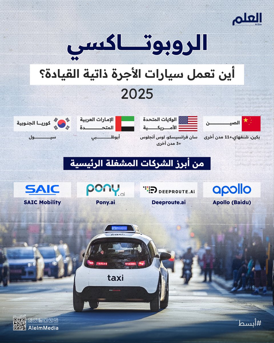AlelmMedia's tweet image. اعتباراً من يونيو 2025، أصبحت خدمة الروبوتاكسي (سيارات الأجرة ذاتية القيادة) حقيقة واقعة في العديد من المدن حول #العالم

alelm.net/infographics/2…

#العلم
#أبسط