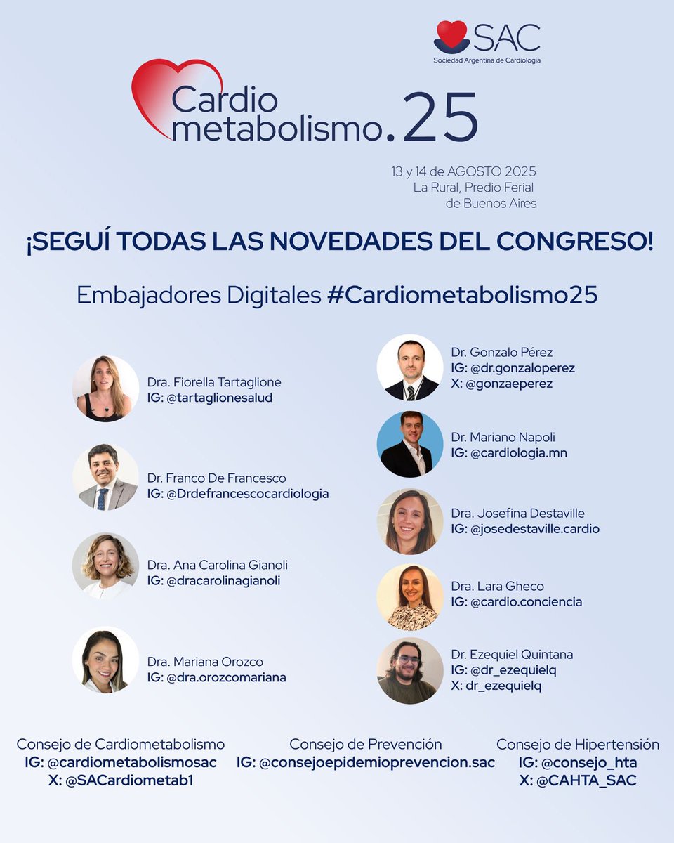 gonzaeperez's tweet image. Congreso #Cardiometabolismo25
Un honor ser parte de los embajadores digitales 😀
Te contaremos todas las novedades de este gran evento científico ✍🏾
🗓️13-14 Agosto, Buenos Aires 🇦🇷
sac.org.ar/sac-eventos/co…
@SAC_54 @SACcardiometab1