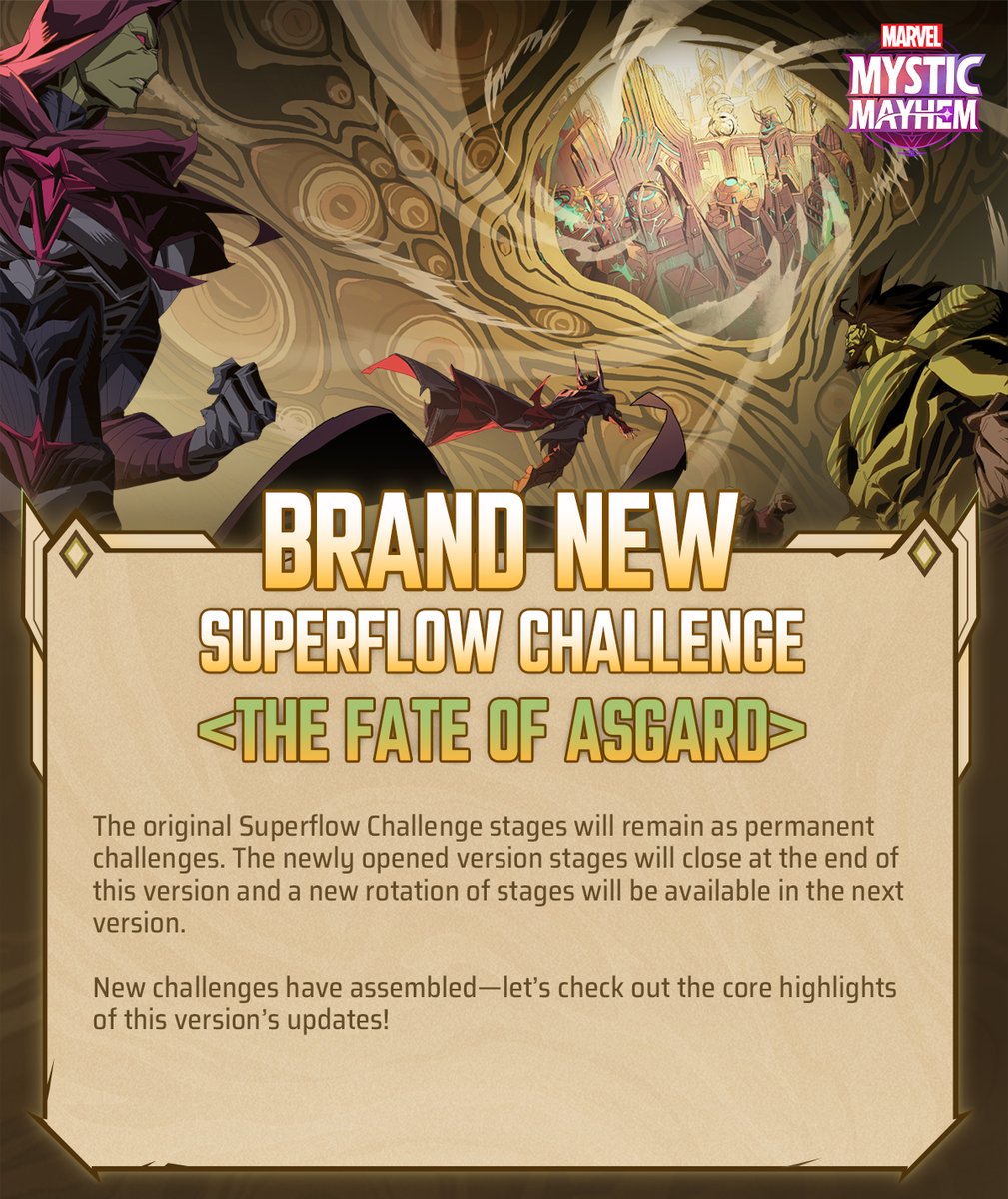 MarvelMysticM's tweet image. ⚔️ BRAND NEW SUPERFLOW CHALLENGE
Prepare to take on rotating version stages, global BUFF choices, and strategic multi-team battles - all within the evolving chaos of Superflow.
📖 The update will be launched on July 31 PDT. Dive into the details below!
#MARVELMysticMayhem…