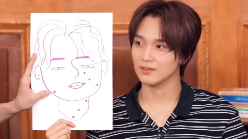 375sund's tweet image. haechan drawn by jungwoo, mark, doyoung, and johnny 😭😭😭