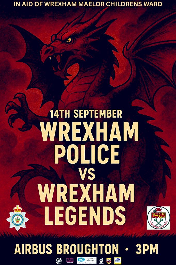 Wrexham Police FC (@wrexhampolicefc) on Twitter photo On Sept 14th, we face ex <a href="/Wrexham_AFC/">Wrexham AFC</a> players, The <a href="/LegendsWrexham/">Wrexham Legends</a>, in our final charity game! All proceeds go to #Wrexham Maelor Children’s Ward.
We’re seeking a match sponsor. We just ask for a donation. Help make a difference and get in touch! #WxmAFC On Sept 14th, we face ex <a href="/Wrexham_AFC/">Wrexham AFC</a> players, The <a href="/LegendsWrexham/">Wrexham Legends</a>, in our final charity game! All proceeds go to #Wrexham Maelor Children’s Ward.
We’re seeking a match sponsor. We just ask for a donation. Help make a difference and get in touch! #WxmAFC