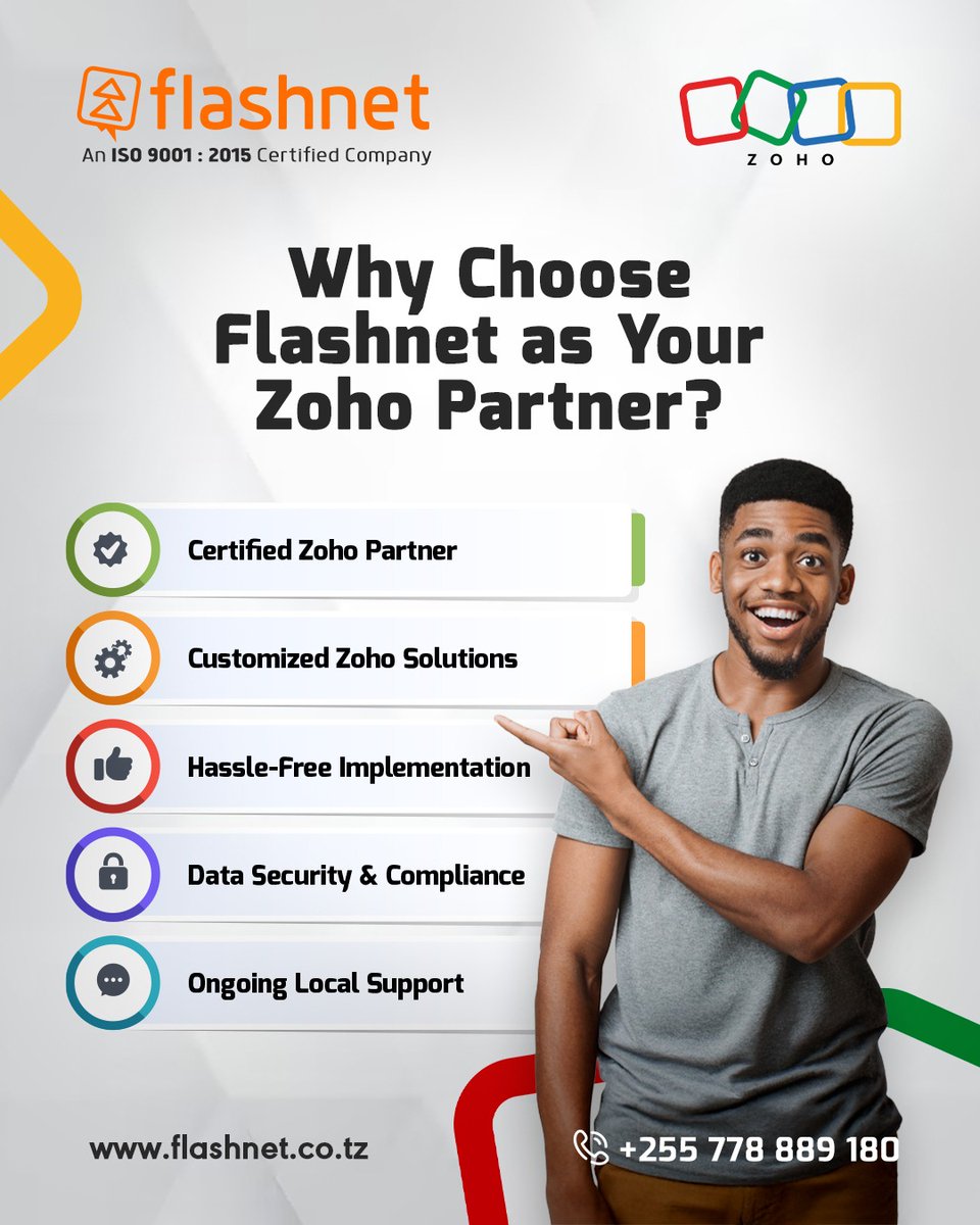 *Why Choose Flashnet as Your Zoho Partner?*

From implementation to ongoing support – we’ve got your business covered with smart, secure, and seamless *Zoho solutions.*

Let Flashnet simplify your business processes with the power of Zoho!

📞 +255-778-889-18

#ZohoPartner