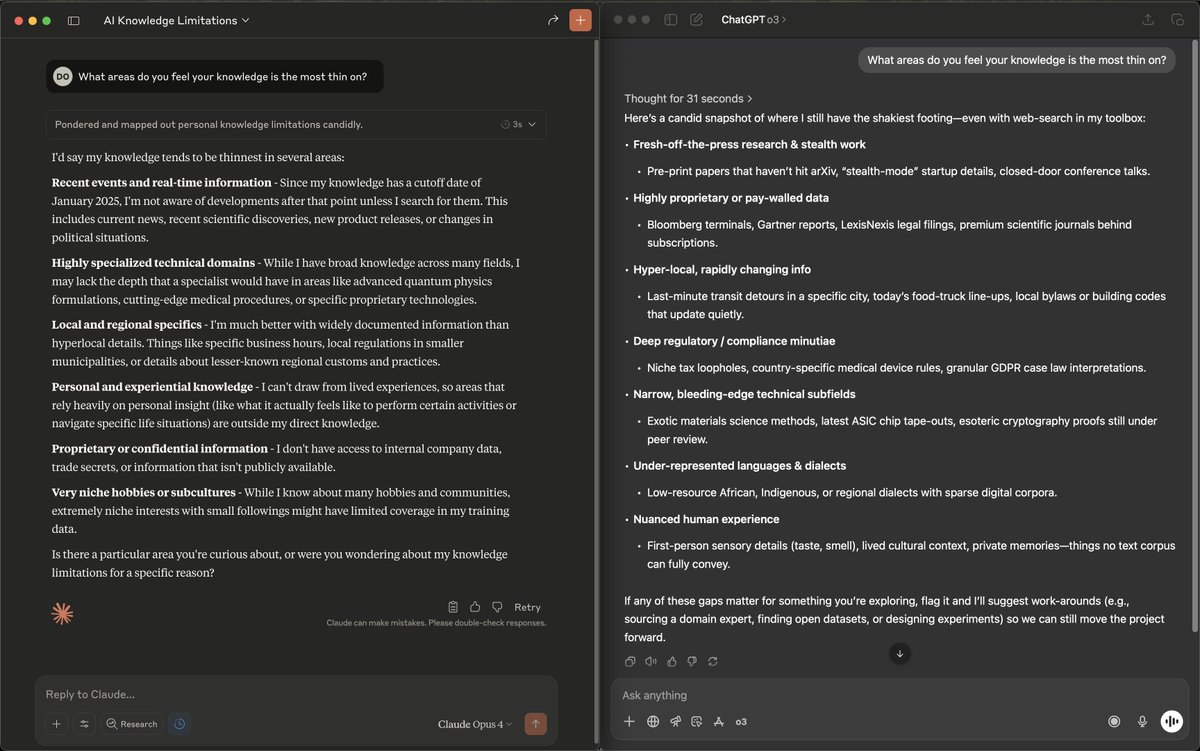 olshansky's tweet image. I decided to ask @OpenAI's o3 and @AnthropicAI's Opus 4: "𝘞𝘩𝘢𝘵 𝘢𝘳𝘦𝘢𝘴 𝘥𝘰 𝘺𝘰𝘶 𝘧𝘦𝘦𝘭 𝘺𝘰𝘶𝘳 𝘬𝘯𝘰𝘸𝘭𝘦𝘥𝘨𝘦 𝘪𝘴 𝘵𝘩𝘦 𝘮𝘰𝘴𝘵 𝘵𝘩𝘪𝘯 𝘰𝘯?"
Summarizing the top 3:
1. Real-time events
2. Niche, closed or specialized domains
3. Nuanced human experienced…