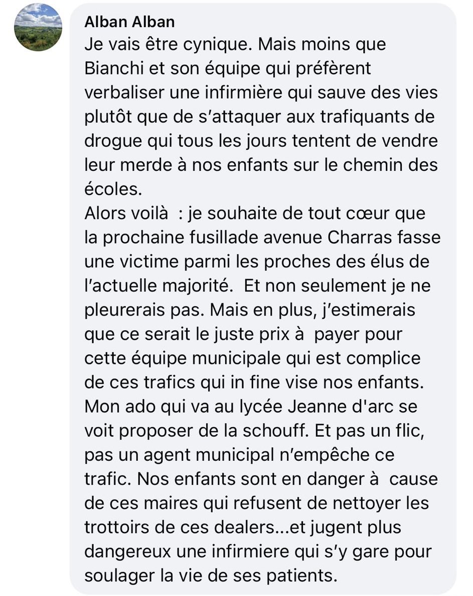 Une nouvelle limite franchie par "saccage Clermont" avec un message d’appel au meurtre de nos familles.

J’attends de la classe politique clermontoise une condamnation sans équivoque &amp; l’arrêt de l’usage de ce groupe comme plate-forme d’expression "normale". Nous portons plainte.