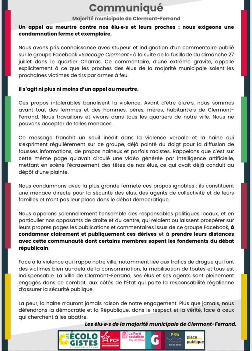 olivierbianchi1's tweet photo. Une nouvelle limite franchie par "saccage Clermont" avec un message d’appel au meurtre de nos familles.

J’attends de la classe politique clermontoise une condamnation sans équivoque &amp; l’arrêt de l’usage de ce groupe comme plate-forme d’expression "normale". Nous portons plainte. https://t.co/Tisb1sV8qh