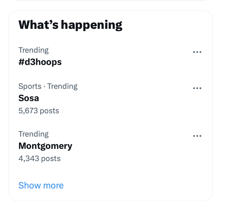 Bob Quillman (@iwuhoopscom) on Twitter photo #d3hoops is trending...due to the exposure created by <a href="/WeAreD3TBT/">We Are D3 TBT</a>.
But yes, D3 conferences, let's put the games behind a paywall.
🤦🏻♂️ #d3hoops is trending...due to the exposure created by <a href="/WeAreD3TBT/">We Are D3 TBT</a>.
But yes, D3 conferences, let's put the games behind a paywall.
🤦🏻♂️