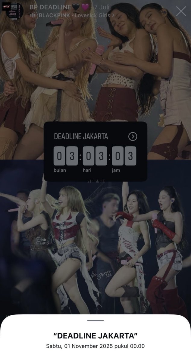 blinkmf's tweet image. BLINKS! ini sender emang sengaja buat timer sorotan gt di ig buat cek kurg berapa lama konser di Jakarta , dan ternyata kurang 03 Bulan , 03 Hari , 03 jam lagi , pliss pas bgtt cantik iseng ngecek😭🖤🩷