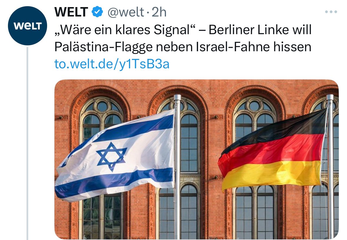 Wenn es um die Linken geht, würden sie sogar überall in Berlin Hamas-Flaggen aufhängen. 
Sie pflegen derzeit beste Kontakte zu allen Islamisten, egal wo. 
Bald wird man wohl sagen müssen: Herzlich willkommen in der islamistischen Stadt Berlin.
#B2807 
#FreeBerlinFromHamasISIS