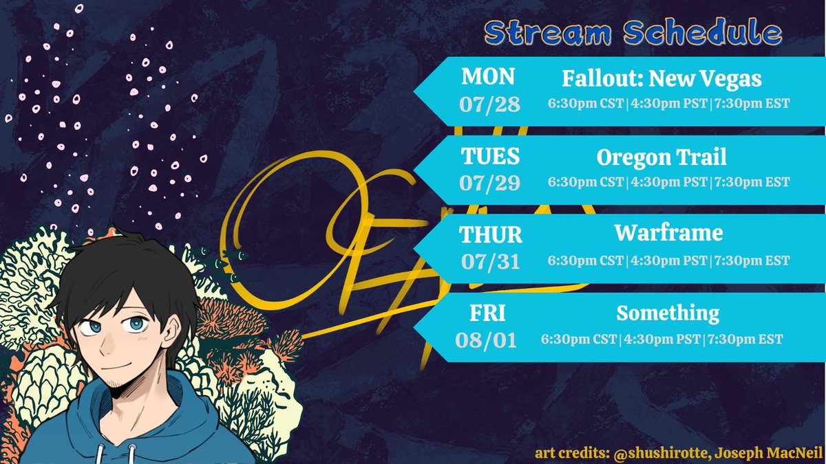 PrinceOceanusVT's tweet image. Stream schedule for this week! Monday is Fallout: New Vegas! Tuesday is Oregon Trail! Thursday is Warframe! Friday is TBD!

See you there, Pleasantfolk!