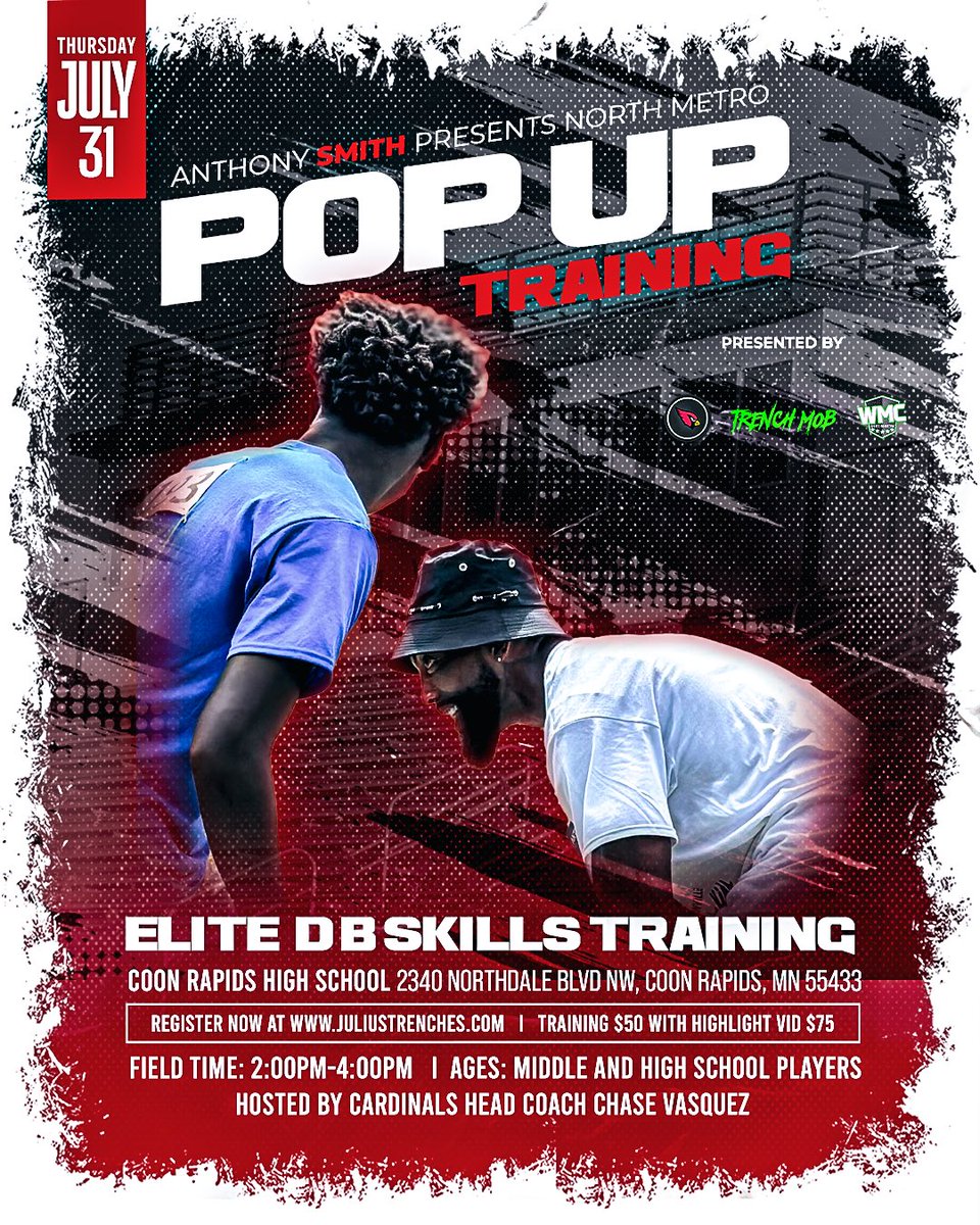 Julius Williams (@juliustrenches) on Twitter photo MINNESOTA POP UP THIS WEEK, ITS UP‼️Defensive Lineman and Defensive Backs, PULL UP‼️#Mob
My Brother 2 TIME SUPERBOWL CHAMP <a href="/antkingsmith/">Anthony Smith</a> 🏆🏆 and I‼️🦍🦍💚💚🔌🔌💰💰
Thursday July 31st
Coon Rapids High School
2 PM- 4 PM MINNESOTA POP UP THIS WEEK, ITS UP‼️Defensive Lineman and Defensive Backs, PULL UP‼️#Mob
My Brother 2 TIME SUPERBOWL CHAMP <a href="/antkingsmith/">Anthony Smith</a> 🏆🏆 and I‼️🦍🦍💚💚🔌🔌💰💰
Thursday July 31st
Coon Rapids High School
2 PM- 4 PM