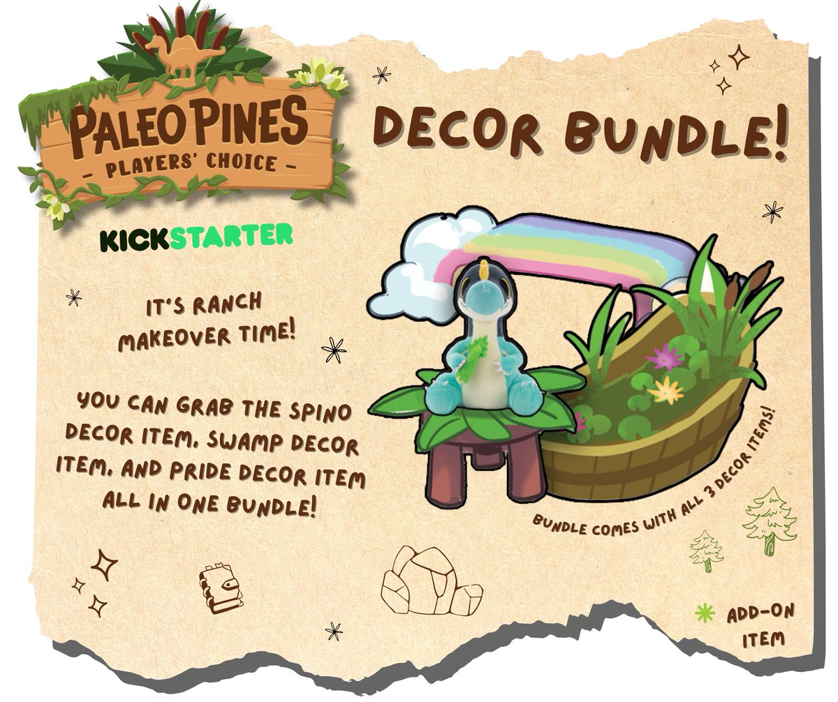 PaleoPines's tweet image. Attention all ranch designers! ๐ฃ We've just launched a brand new add-on to our Kickstarter!
Want a way to get the Pride, Swamp and Spino decor items without purchasing all the 3 new outfits? Well, then this add-on is for you! โจ bit.ly/3HlOPzZ