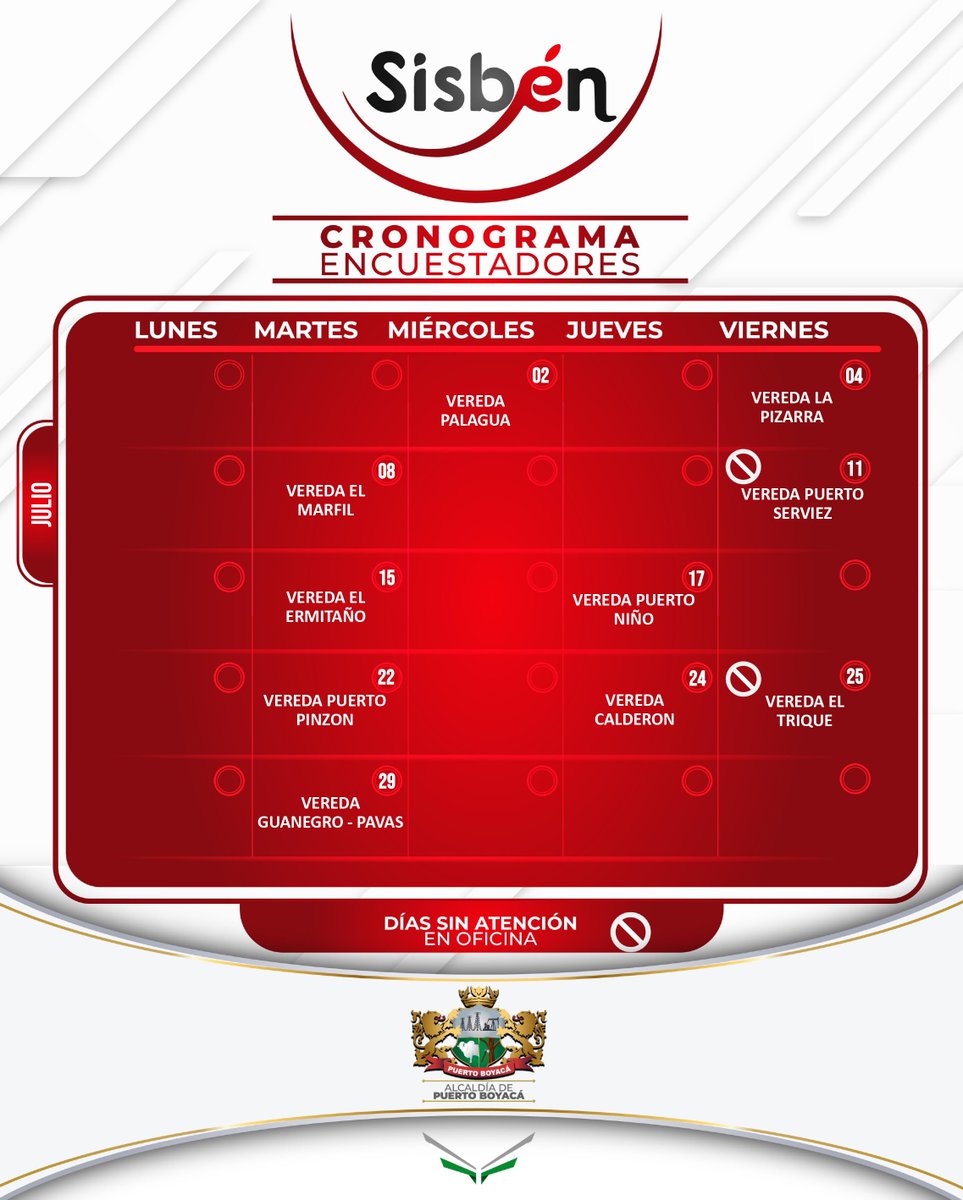 Cronograma Encuestadores Sisbén Julio📄✅

Esta será la ruta de trabajo rural que tendrá el equipo del Sisbén en #PuertoBoyacá el mes de julio con el fin de atender las solicitudes de encuestas para valoración del puntaje en el Sisbén en la población campesina del municipio.