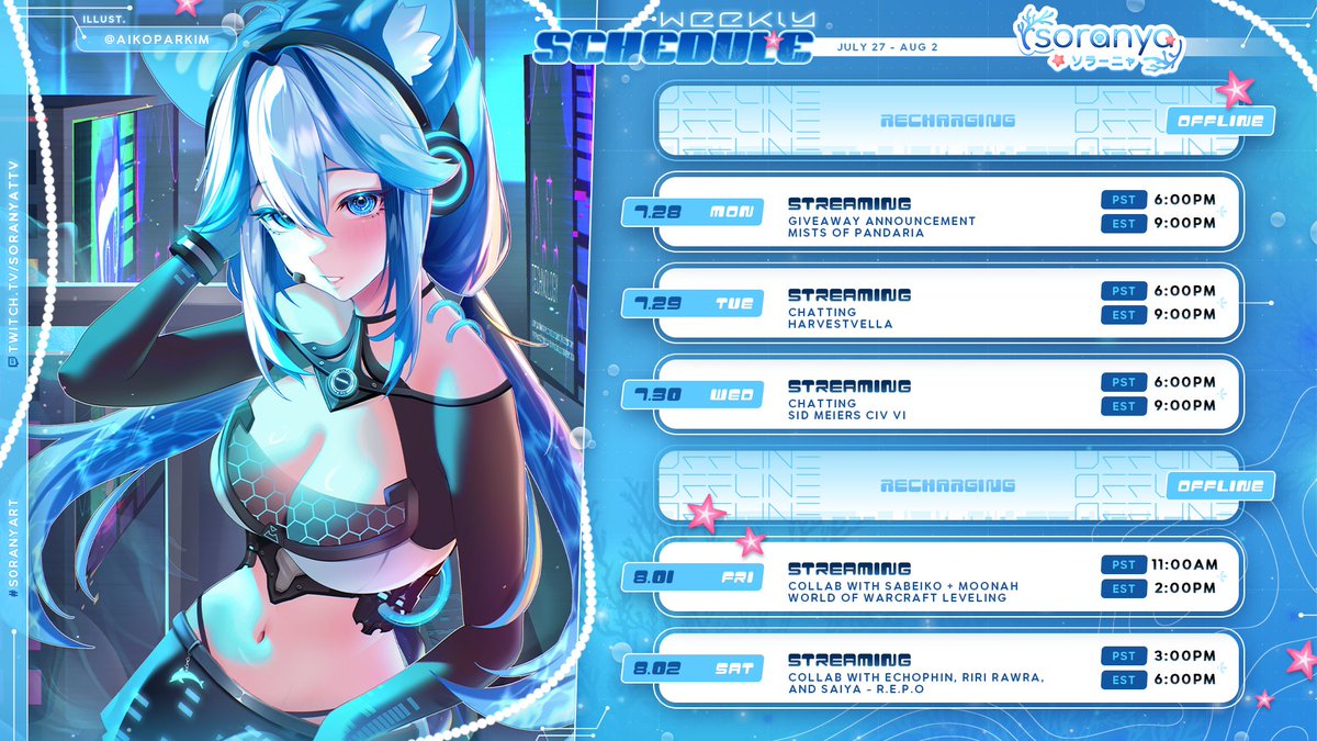 Stream schedule for this week!
July 27 - Aug 2nd 
🪸Will be live on both twitch and yt🪸
