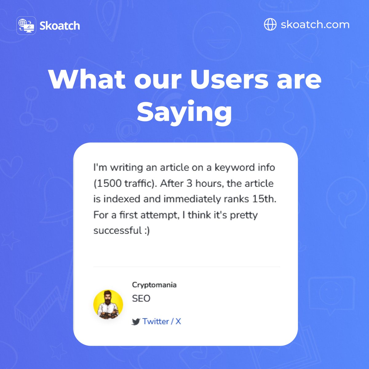Skoatch_AI's tweet photo. Real SEO Wins from Skoatch Users ๐ฅ
These arenโt random reviews, theyโre real experiences from people who switched to Skoatch and never looked back.
Want results like this? ๐ https://t.co/G0k1dJrIIM
#Skoatch #SEOtools #ContentMarketing #BloggingTool #Bloggers https://t.co/Wh39n931nD