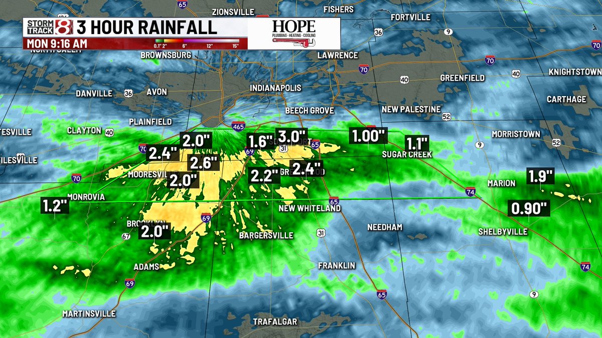 RyanMorseWx's tweet image. 9:25 AM ET: Flood warning out for multiple counties on the southside. Rainfall estimates of 1"-3" in Johnson, Marion, and Morgan counties in just the last 3 hours.
@WISHNews8
