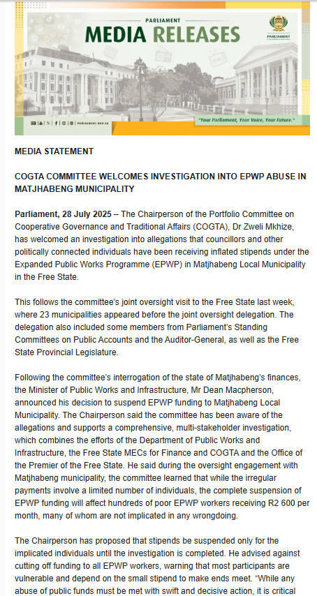 GovernanceClus1's tweet image. The Chairperson of @ParliamentofRSA&apos;s PC on #COGTA, @DrZweliMkhize, has welcomed an investigation into allegations that councillors and other politically connected individuals have been receiving inflated stipends under the EPWP in #Matjhabeng #municipality in the Free State.…