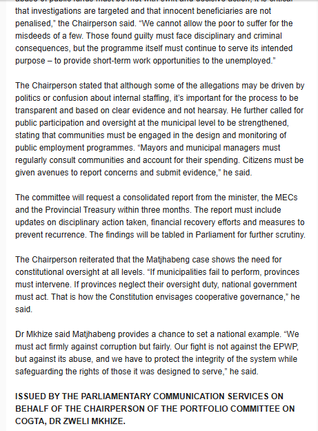 GovernanceClus1's tweet image. The Chairperson of @ParliamentofRSA&apos;s PC on #COGTA, @DrZweliMkhize, has welcomed an investigation into allegations that councillors and other politically connected individuals have been receiving inflated stipends under the EPWP in #Matjhabeng #municipality in the Free State.…